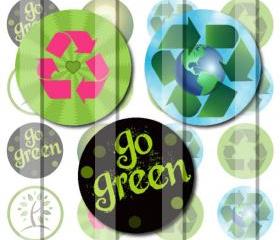 Go Green Recycle Symbols 1 INCH Circle Digital Bottle Cap Image Collage Sheet For Bottle Cap Jewelry, Key Chains, Zipper Pulls, Card Making Embellishments, Scrapbook Embellishments, and Hairbows