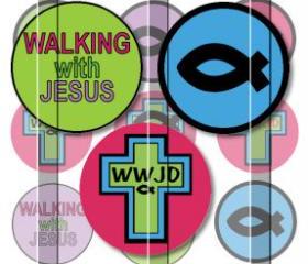 Walking With Jesus Christian Symbols 1 INCH Circle Digital Bottle Cap Image Collage Sheet For Bottle Cap Jewelry, Key Chains, Zipper Pulls, Card Making Embellishments, Scrapbook Embellishments, and Hairbows