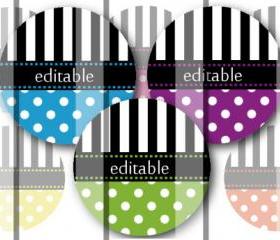 Stripes and Polka Dots Editable 1 INCH Circle Digital Bottle Cap Image Collage Sheet For Bottle Cap Jewelry, Key Chains, Zipper Pulls, Card Making Embellishments, Scrapbook Embellishments, and Hairbows