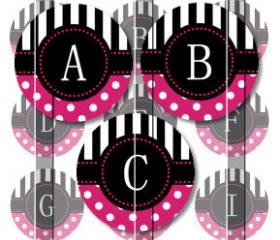 Pink Stripes and Polka Dots Alphabet 1 Initials Letters 1 INCH Circle Digital Bottle Cap Image Collage Sheet For Bottle Cap Jewelry, Key Chains, Zipper Pulls, Card Making Embellishments, Scrapbook Embellishments, and Hairbows