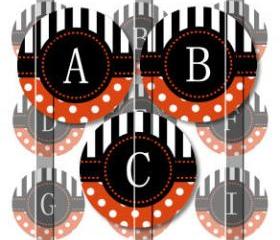 Orange Stripes and Polka Dots Alphabet 1 Initials Letters 1 INCH Circle Digital Bottle Cap Image Collage Sheet For Bottle Cap Jewelry, Key Chains, Zipper Pulls, Card Making Embellishments, Scrapbook Embellishments, and Hairbows