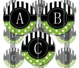 Green Stripes and Polka Dots Alphabet 1 Initials Letters 1 INCH Circle Digital Bottle Cap Image Collage Sheet For Bottle Cap Jewelry, Key Chains, Zipper Pulls, Card Making Embellishments, Scrapbook Embellishments, and Hairbows