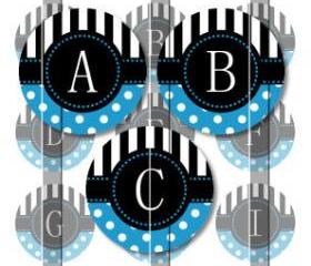 Blue Stripes and Polka Dots Alphabet 1 Initials Letters 1 INCH Circle Digital Bottle Cap Image Collage Sheet For Bottle Cap Jewelry, Key Chains, Zipper Pulls, Card Making Embellishments, Scrapbook Embellishments, and Hairbows