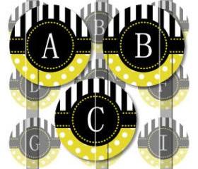 Yellow Stripes and Polka Dots Alphabet 1 Initials Letters 1 INCH Circle Digital Bottle Cap Image Collage Sheet For Bottle Cap Jewelry, Key Chains, Zipper Pulls, Card Making Embellishments, Scrapbook Embellishments, and Hairbows