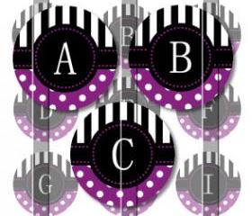 Purple Stripes and Polka Dots Alphabet 1 Initials Letters 1 INCH Circle Digital Bottle Cap Image Collage Sheet For Bottle Cap Jewelry, Key Chains, Zipper Pulls, Card Making Embellishments, Scrapbook Embellishments, and Hairbows