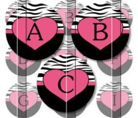 Zebra Print Heart Alphabet Initials Letters 1 INCH Circle Digital Bottle Cap Image Collage Sheet For Bottle Cap Jewelry, Key Chains, Zipper Pulls, Card Making Embellishments, Scrapbook Embellishments, and Hairbows