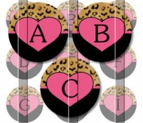 Leopard Print Heart Alphabet Initials Letters 1 INCH Circle Digital Bottle Cap Image Collage Sheet For Bottle Cap Jewelry, Key Chains, Zipper Pulls, Card Making Embellishments, Scrapbook Embellishments, and Hairbows